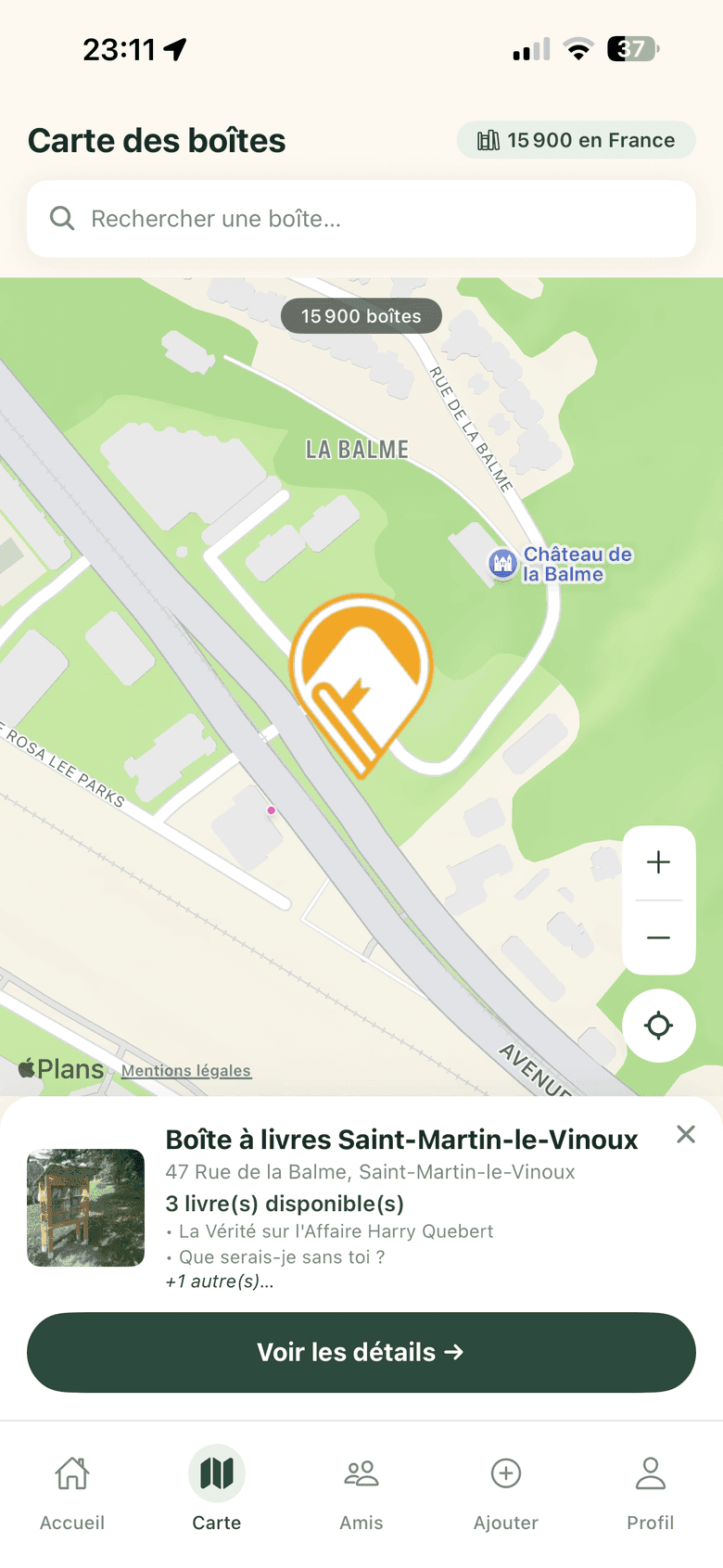Carte interactive des boîtes à livres dans l'app Boox